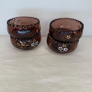 Vintage Northwood Amethyst Alaska Glass Berry Bowls Hand Painted Floral Set of 4